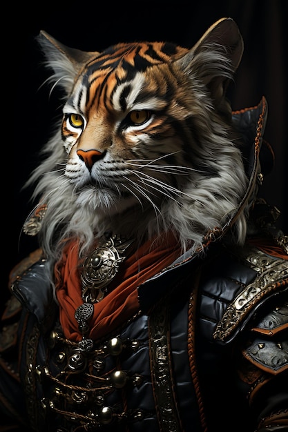 Portrait du buccaneer tigre Costume du bandeau oculaire du cutlass de l'épée de la chemise rufflée des collections d'arts animaux