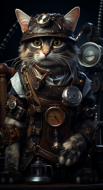 Portrait du chat curieux Toyger inventeur pirate costume lunettes d'œil outil B collections d'arts animaux