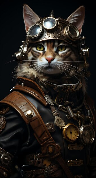 Portrait du chat curieux Toyger inventeur pirate costume lunettes d'œil outil B collections d'arts animaux