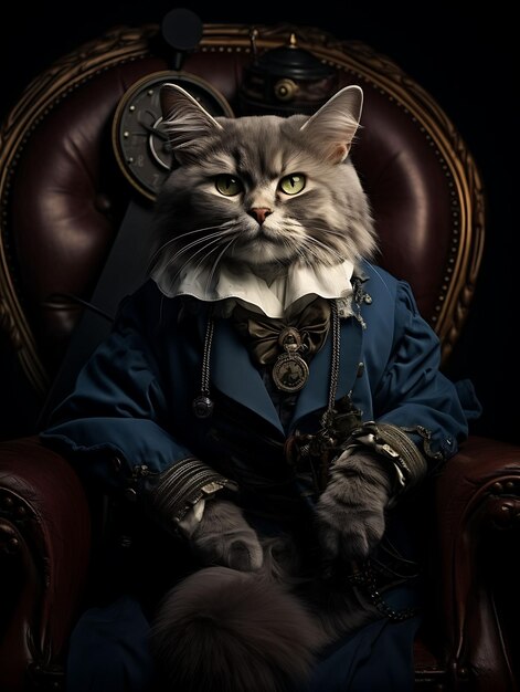 Portrait du chat noble Chartreux Pirate Aristocrate Costume à plumes H Design de mode Art du costume