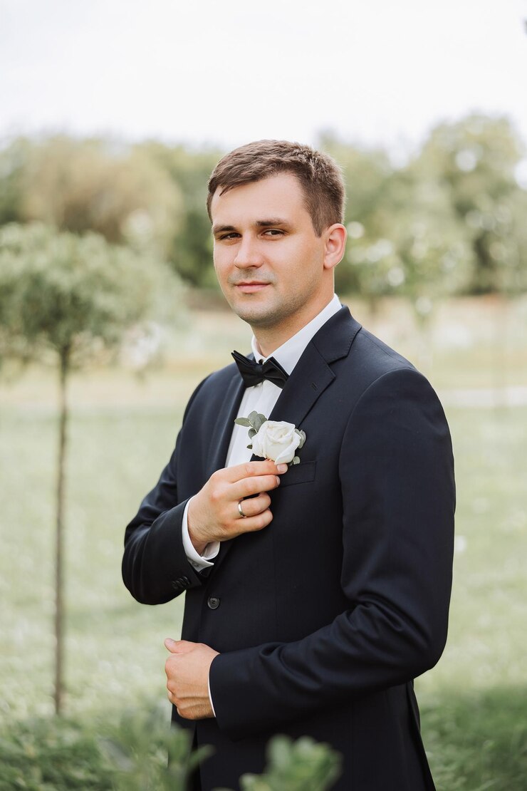 Photo portrait du marié dans la nature en été elevant marié dans un élégant costume d'affaires noir homme d'affaires dans la nature portrait d'un homme à succès portrait de mariage du marié