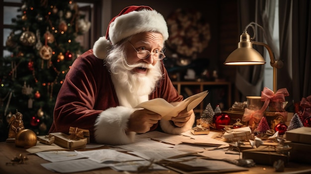 Portrait du Père Noël assis à son bureau avec beaucoup de papiers