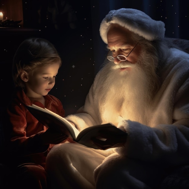 Portrait du père Noël au chapeau de Noël lire un livre à un enfant AI généré