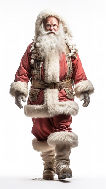 Photo portrait du père noël marchant sur la neige sur un fond blanc ia générative