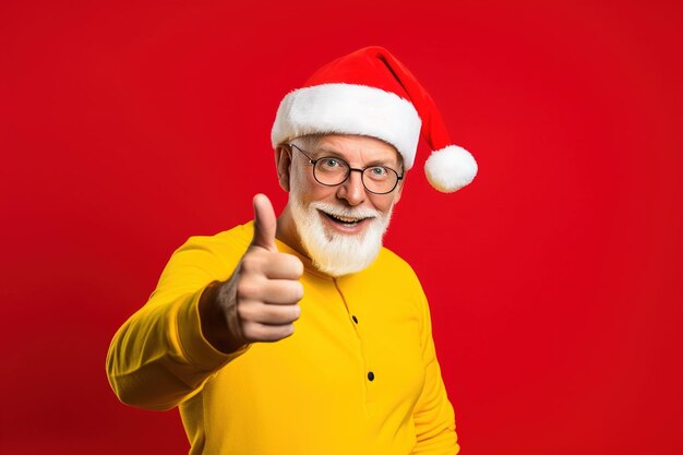 Portrait du Père Noël montrant les pouces levés isolé sur fond rouge