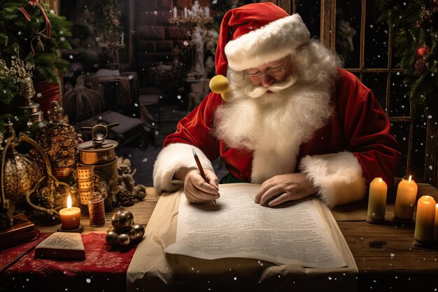 Photo portrait du père noël souriant assis à la table et écrivant une lettre aux enfants en train de lire