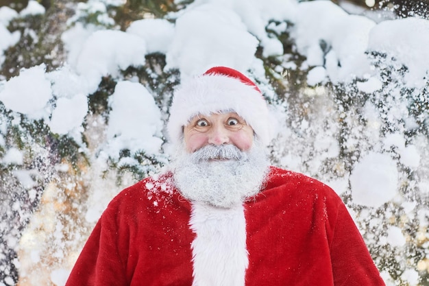 Portrait du père noël traditionnel à l'extérieur dans la forêt d'hiver à la surprise avec de grands yeux copie s