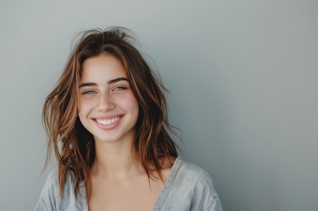 Portrait du sourire féminin d'une jeune femme élégante aux yeux sombres souriant heureusement à la caméra