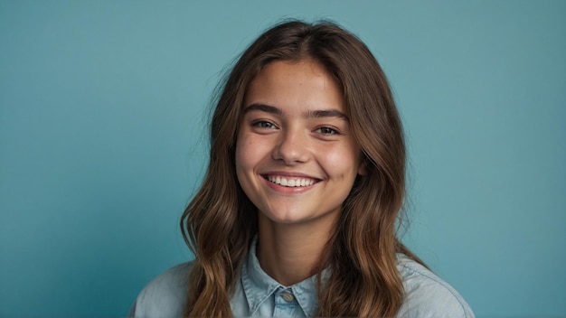 Le portrait du sourire radieux d'une jeune femme en bleu pastel