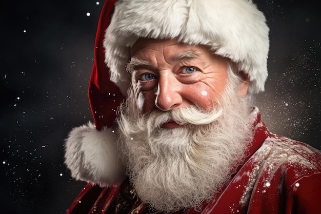 Portrait du sympathique Père Noël souriant et regardant la caméra avec fond de photo de Noël