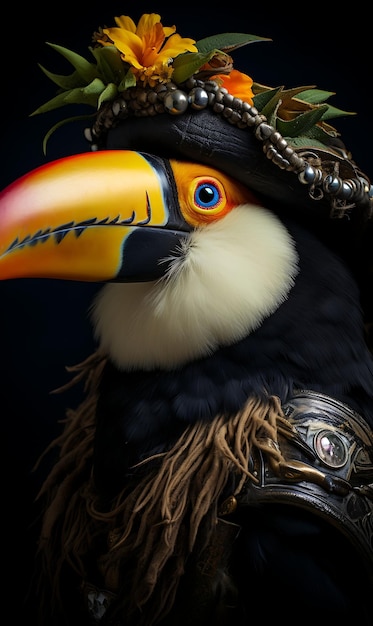 Photo portrait du toucan pirate costume du navigateur tropical crocodile des fruits tropicaux collections d'arts animaux