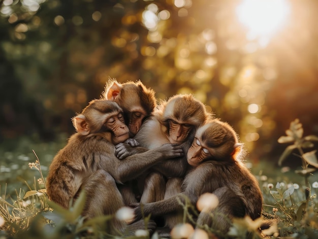 Photo portrait éclairé par le soleil d'une famille de singes affectueux s'embrassant dans leur habitat naturel au coucher du soleil
