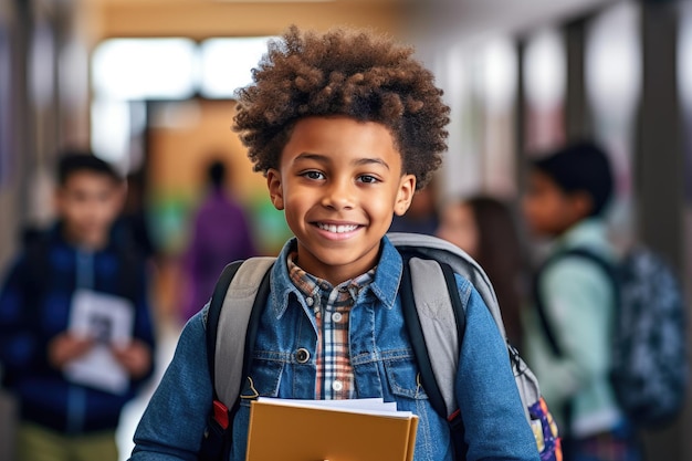 Portrait d'un écolier afro-américain avec des livres souriant à la caméra IA générative