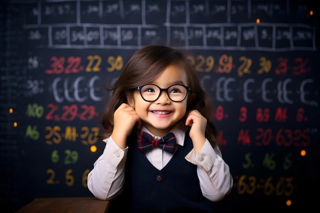 Portrait d'une écolière asiatique mignonne souriante avec des lunettes et une queue de cheval dans une salle de classe