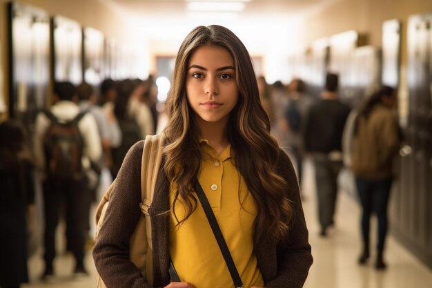 Portrait d'une écolière dans l'allée d'une école Retour à l'école et concept d'apprentissage