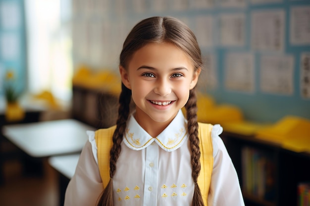 Portrait d'une écolière heureuse concept de connaissances et d'apprentissage de retour à l'école