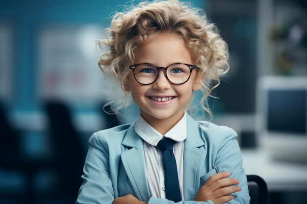 Photo portrait d'une écolière mignonne en lunettes en classe concept d'éducation concept d'ophtalmologie