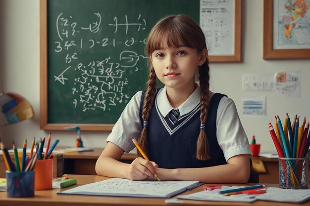 Portrait d'une écolière sérieuse regardant la caméra alors qu'elle est assise à son bureau en classe