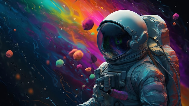 Portrait écrasant d'un pionnier de l'espace dans un univers de bulles colorées sur une planète unique générée par l'IA