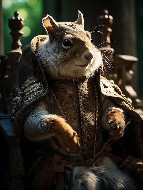 Portrait d'un écureuil charmant habillé assis sur un coussin de velours avec un caractère anthropomorphique