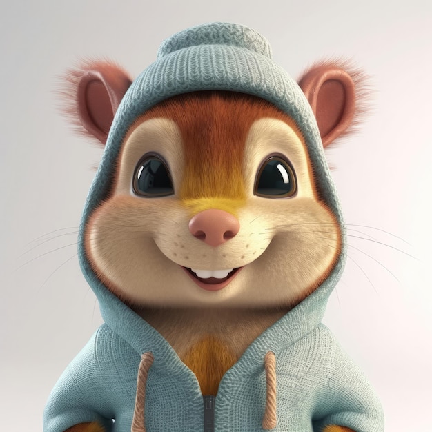 Portrait d'écureuil de dessin animé 3D portant des vêtements lunettes chapeau et veste debout devant