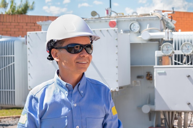 Portrait d'un électricien à l'intérieur d'une centrale électrique, en arrière-plan un grand transformateur électrique.