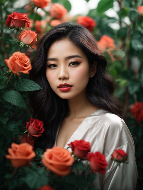 Portrait élégant d'une femme asiatique embrassant la nature au milieu d'une verdure luxuriante