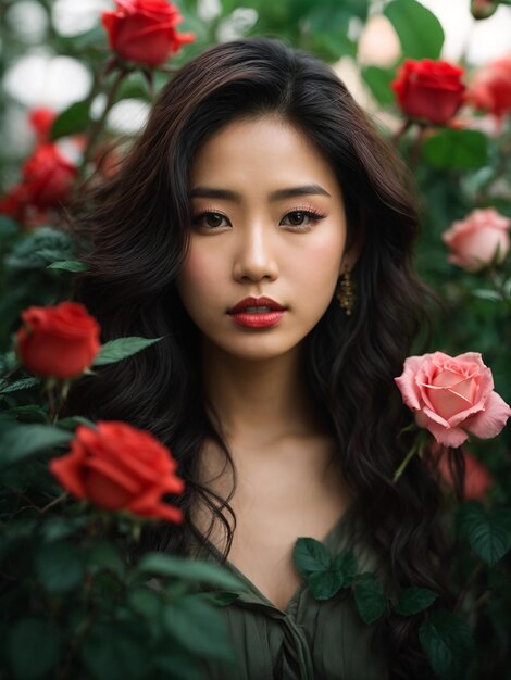 Portrait élégant d'une femme asiatique embrassant la nature au milieu d'une verdure luxuriante