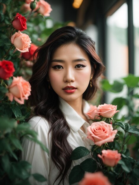 Portrait élégant d'une femme asiatique embrassant la nature au milieu d'une verdure luxuriante