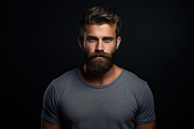 Portrait élégant d'un hipster photogénique avec une barbe pleine et des yeux bleus regardant avec réflexion