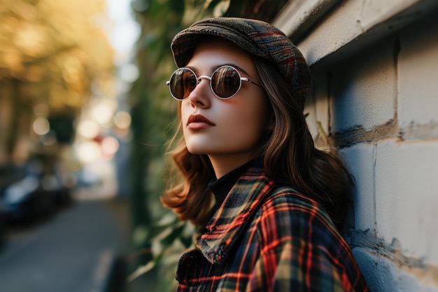 Portrait élégant d'une jeune femme dans une veste à carreaux et des lunettes de soleil vintage