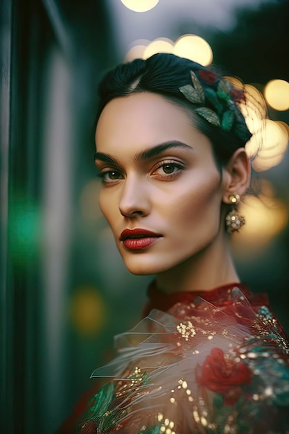 Portrait d'élégante belle jeune femme caucasienne dans la rue lumière creuse modèle de magnolia fleur costume rouge vert chatilly rose et émeraudes AI généré