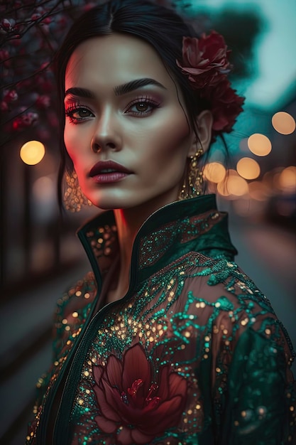 Portrait d'élégante belle jeune femme caucasienne dans la rue lumière creuse modèle de magnolia fleur costume rouge vert chatilly rose et émeraudes AI généré