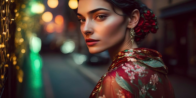 Portrait d'élégante belle jeune femme caucasienne dans la rue lumière creuse modèle de magnolia fleur costume rouge vert chatilly rose et émeraudes AI généré