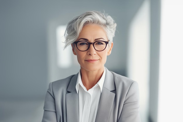 Photo portrait d'une élégante femme d'affaires d'âge moyen de 50 ans avec des cheveux argentés dans des lunettes