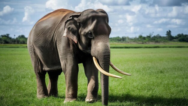 Photo portrait d'un éléphant asiatique thaïlandais magnifique debout sur un élèphant de champ vert avec des défenses coupées coupées