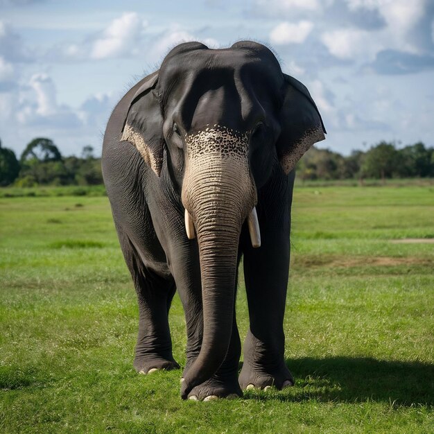 Photo portrait d'un éléphant asiatique thaïlandais magnifique debout sur un élèphant de champ vert avec des défenses coupées coupées