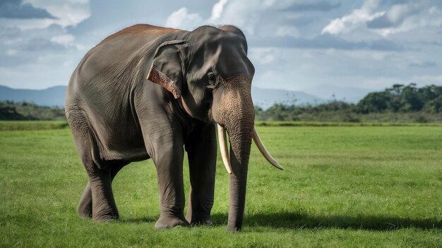 Photo portrait d'un éléphant asiatique thaïlandais magnifique debout sur un élèphant de champ vert avec des défenses coupées coupées