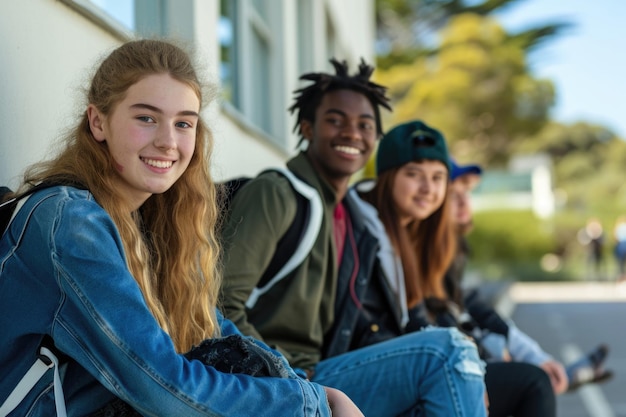 Portrait d'élèves de secondaire ou de lycée multiculturels assis sur le mur en plein air à l'école