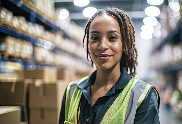 Photo portrait d'une employée d'entrepôt confiante souriant pour la caméra dans un environnement de travail ai générative