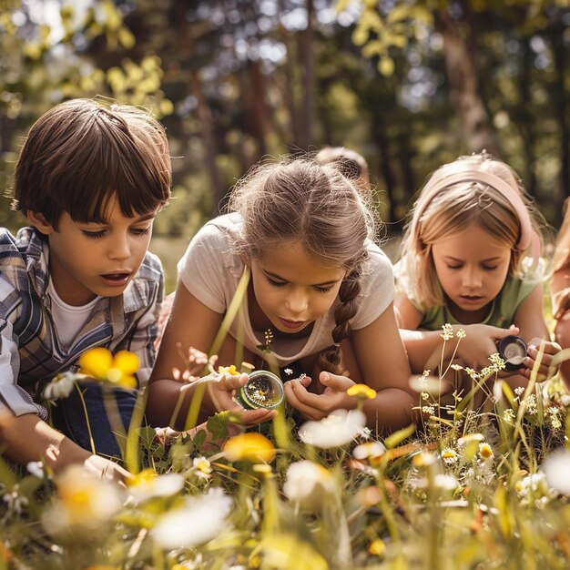 Photo portrait de l'enchantement des enfants par la beauté de la nature en plein air