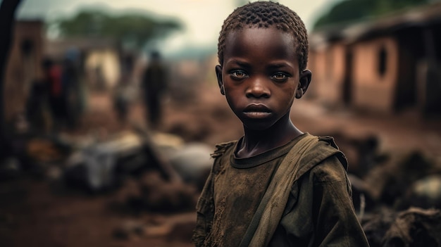 portrait d'un enfant africain vivant dans la pauvreté dans un village généré par IA