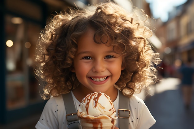 portrait d'un enfant d'âge préscolaire excitant avec de la crème glacée en été