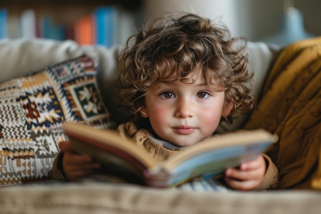 Portrait d'un enfant charmant assis confortablement sur un canapé tout en se concentrant sur la lecture d'un livre