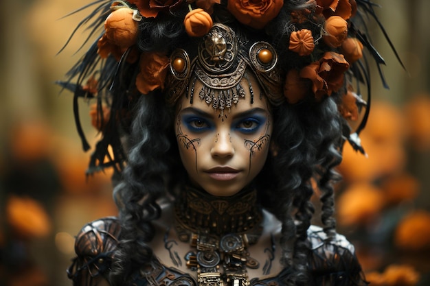 Portrait d'un enfant en costume de sorcière dans le champ de citrouilles d'Halloween