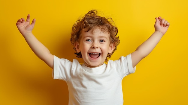 Portrait d'un enfant exprimant le bonheur et la joie avec un espace de copie isolé sur un fond de couleur solide