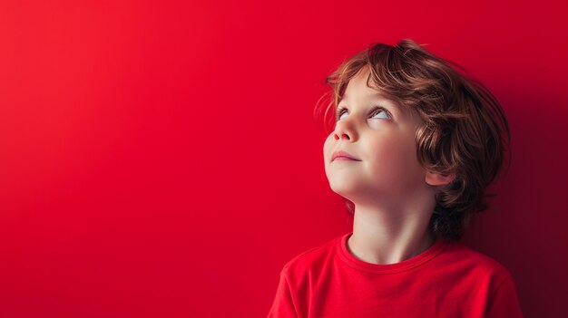 Portrait d'un enfant exprimant la nostalgie et le désir avec un espace de copie isolé sur un fond de couleur solide