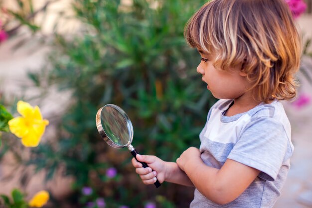 portrait d'enfant garçon tenant la loupe et regardant la fleur. Concept de l'enfance et des découvertes