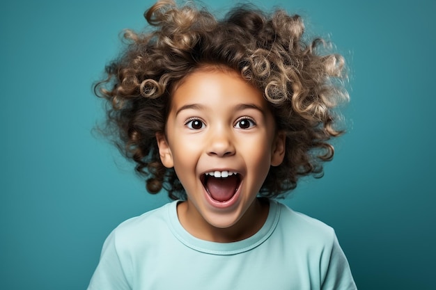 Photo portrait d'une enfant heureuse, joyeuse, isolée sur un fond blanc, émotionnelle et excitée.