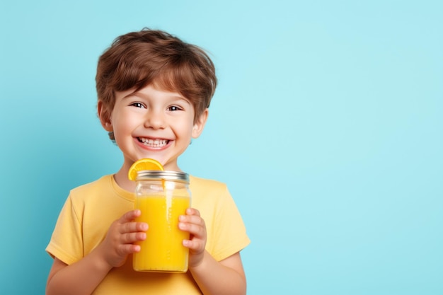 Portrait d'un enfant heureux avec du jus dans les mains sur fond jaune